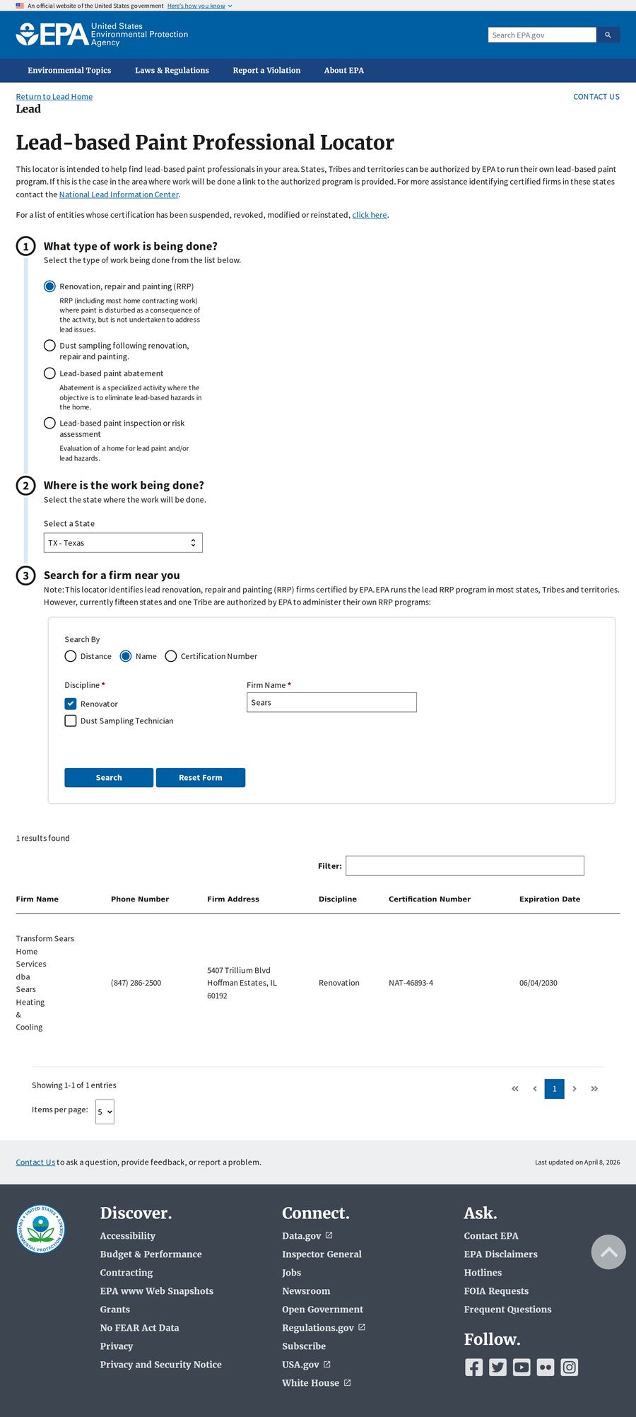 Sears, EPA Lead-based Paint Professional Locator, 2026-05-16
